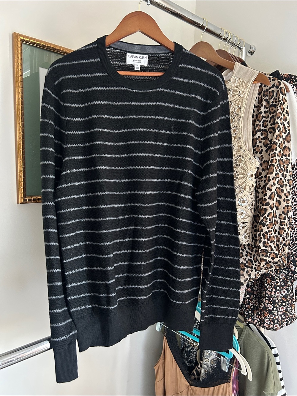 Men's L Calvin Klein wool blend Black and Gray Striped Crewneck Sweater